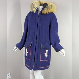 Vintage James Bay Inuit Wool Coat | Fur Trim Canadian Folk Jacket M